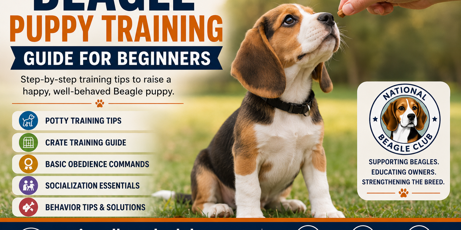 Beagle puppy learning basic obedience training with owner