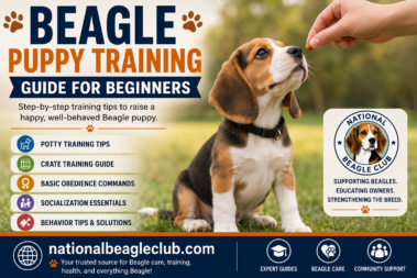 Beagle puppy learning basic obedience training with owner