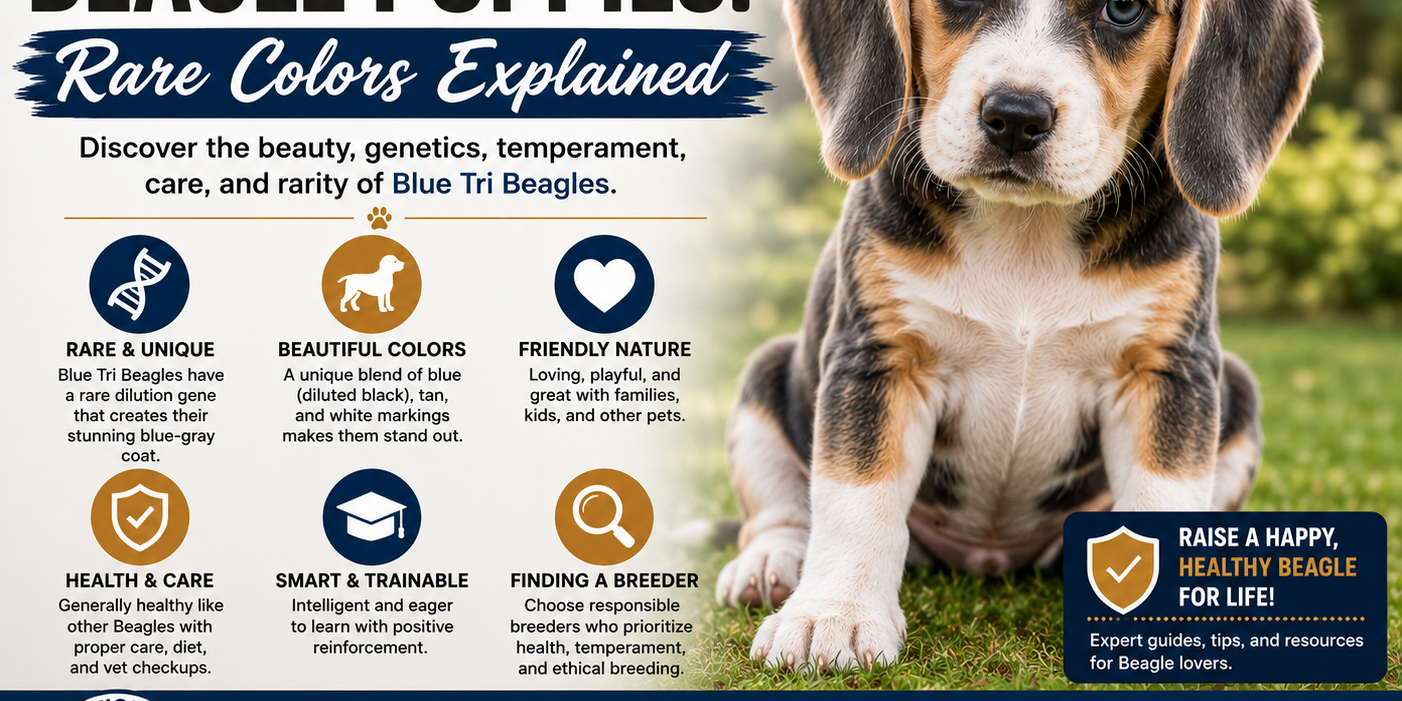Rare Blue Tri Beagle puppy with blue-gray, tan, and white coat markings outdoors