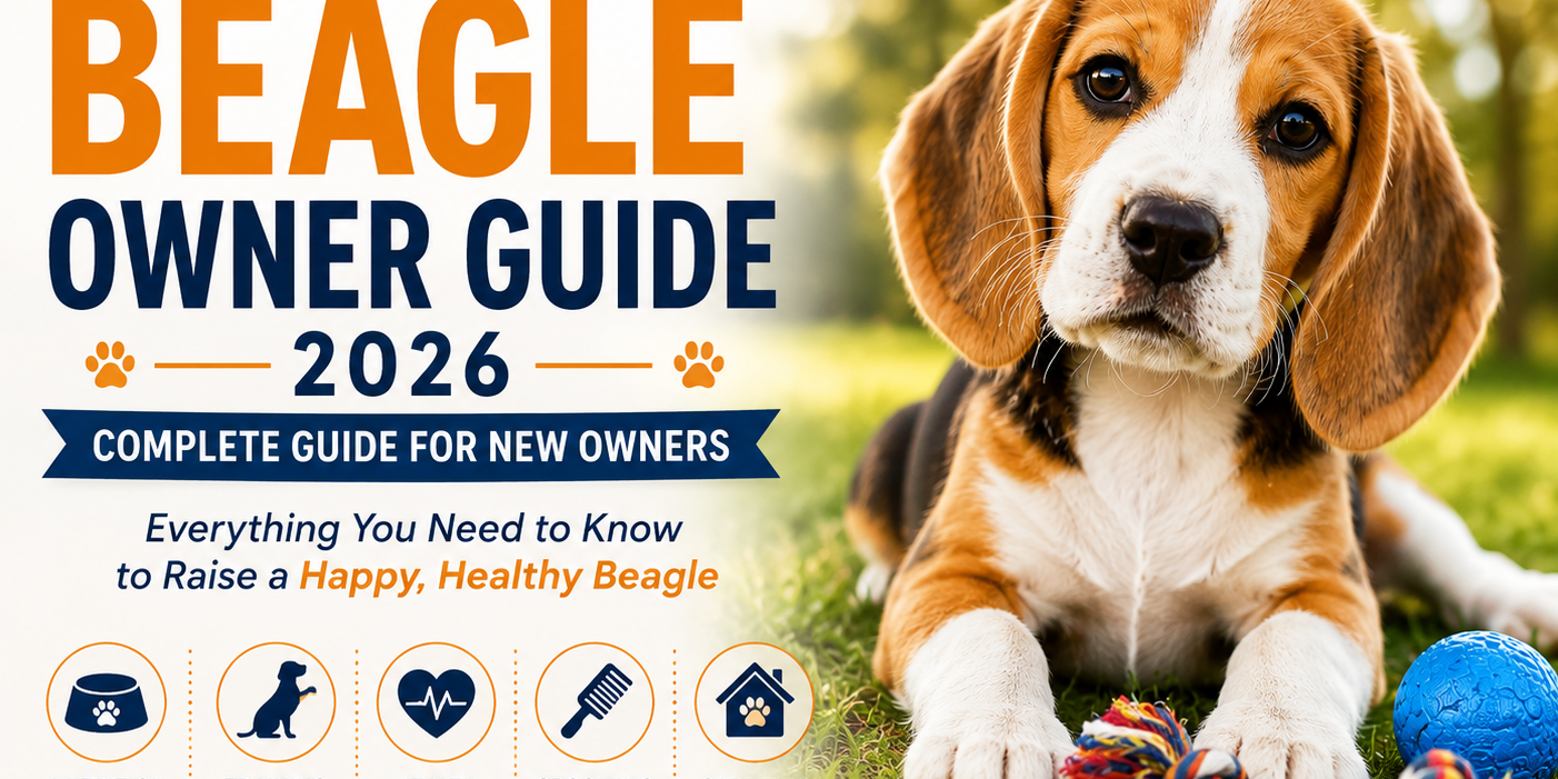 First-Time Beagle Owner Guide 2026 featuring a happy Beagle puppy and essential care tips for new owners