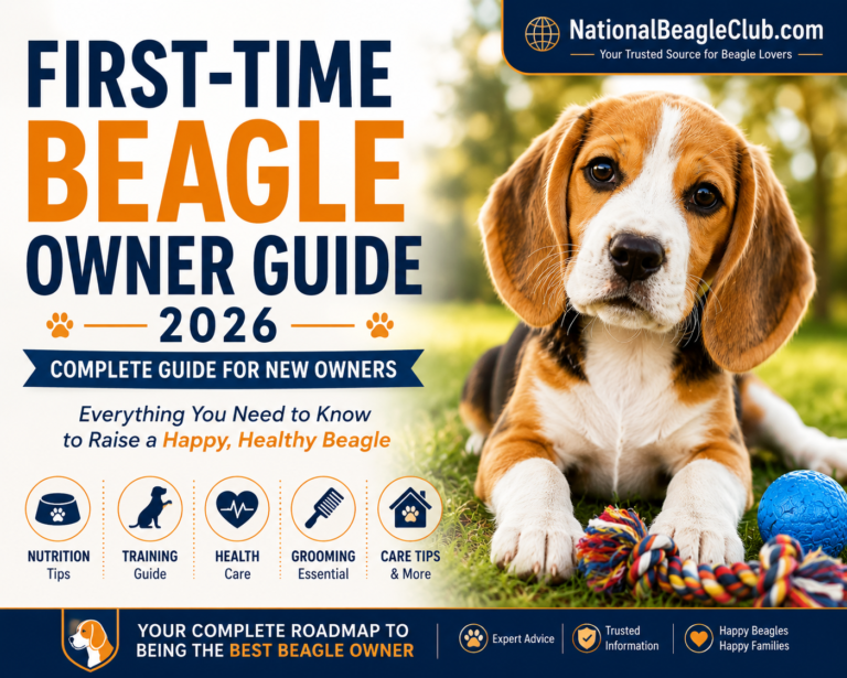 First-Time Beagle Owner Guide 2026 featuring a happy Beagle puppy and essential care tips for new owners