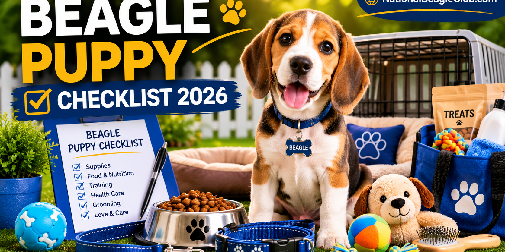 Beagle Puppy Checklist 2026 featuring a happy Beagle puppy with essential puppy supplies for new owners