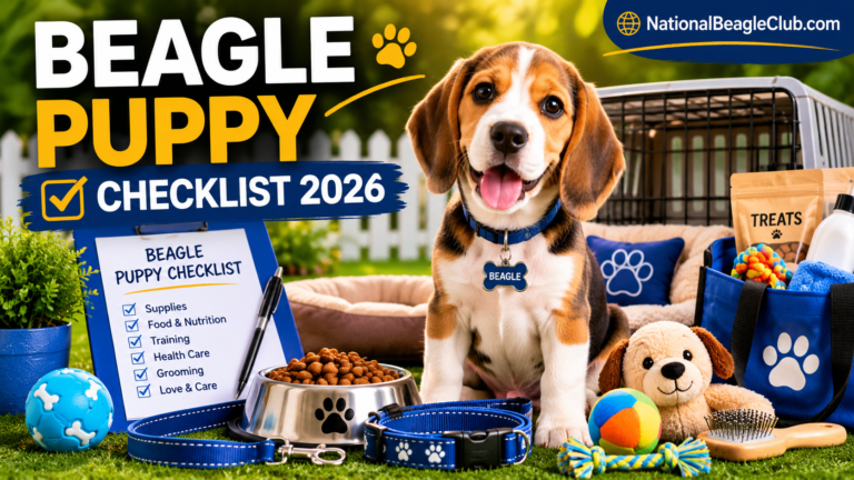 Beagle Puppy Checklist 2026 featuring a happy Beagle puppy with essential puppy supplies for new owners