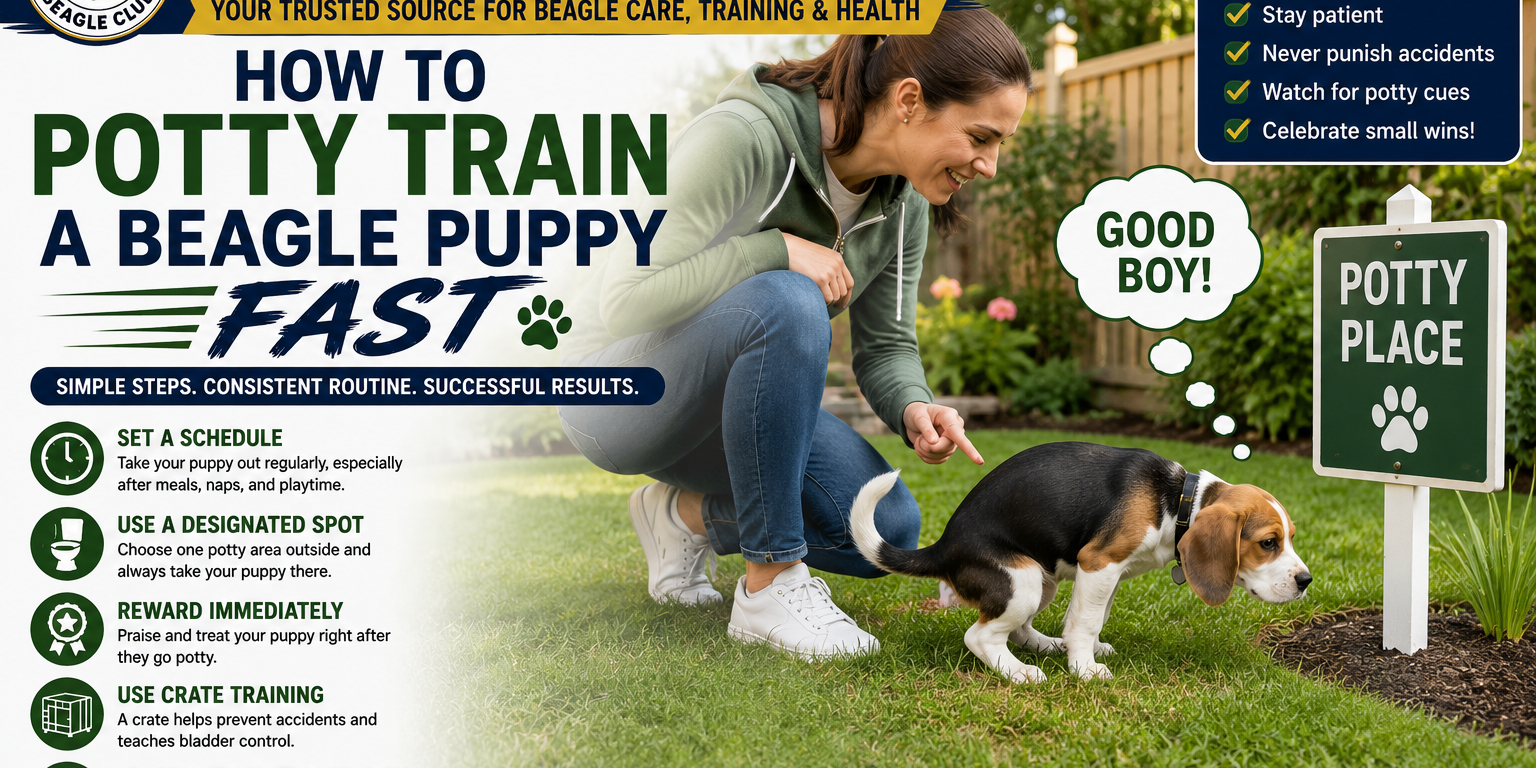 Potty Train Beagle Puppy with a step-by-step outdoor house training routine and positive reinforcement