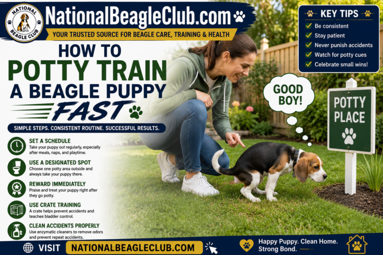 Potty Train Beagle Puppy with a step-by-step outdoor house training routine and positive reinforcement