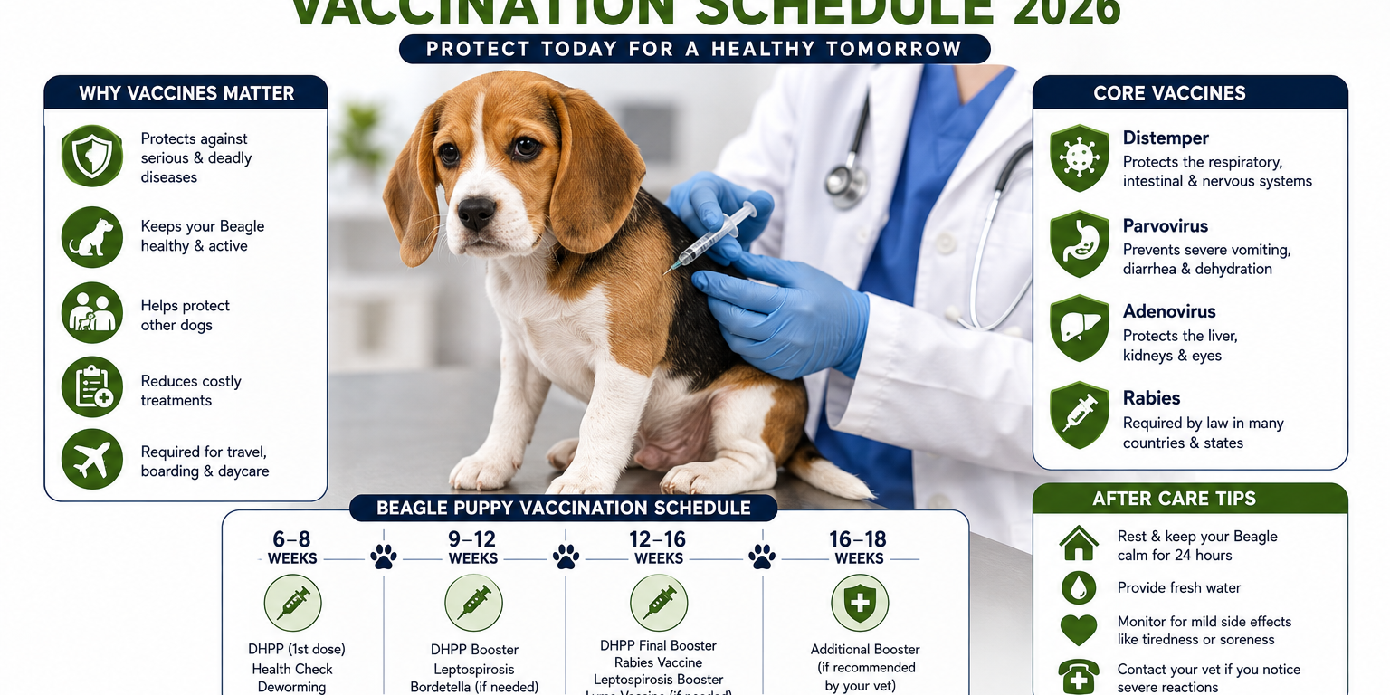 Beagle Vaccination Schedule showing a veterinarian giving a routine vaccine to a healthy Beagle puppy Beagle Vaccination Schedule showing a veterinarian giving a routine vaccine to a healthy Beagle puppy