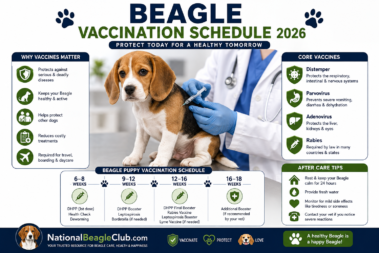 Beagle Vaccination Schedule showing a veterinarian giving a routine vaccine to a healthy Beagle puppy