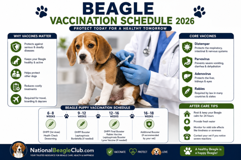 Beagle Vaccination Schedule showing a veterinarian giving a routine vaccine to a healthy Beagle puppy