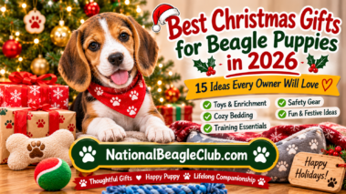 Beagle puppy surrounded by Christmas gifts including puppy toys, a cozy bed, and training essentials