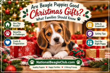 Beagle puppy sitting beside Christmas gifts in a family home